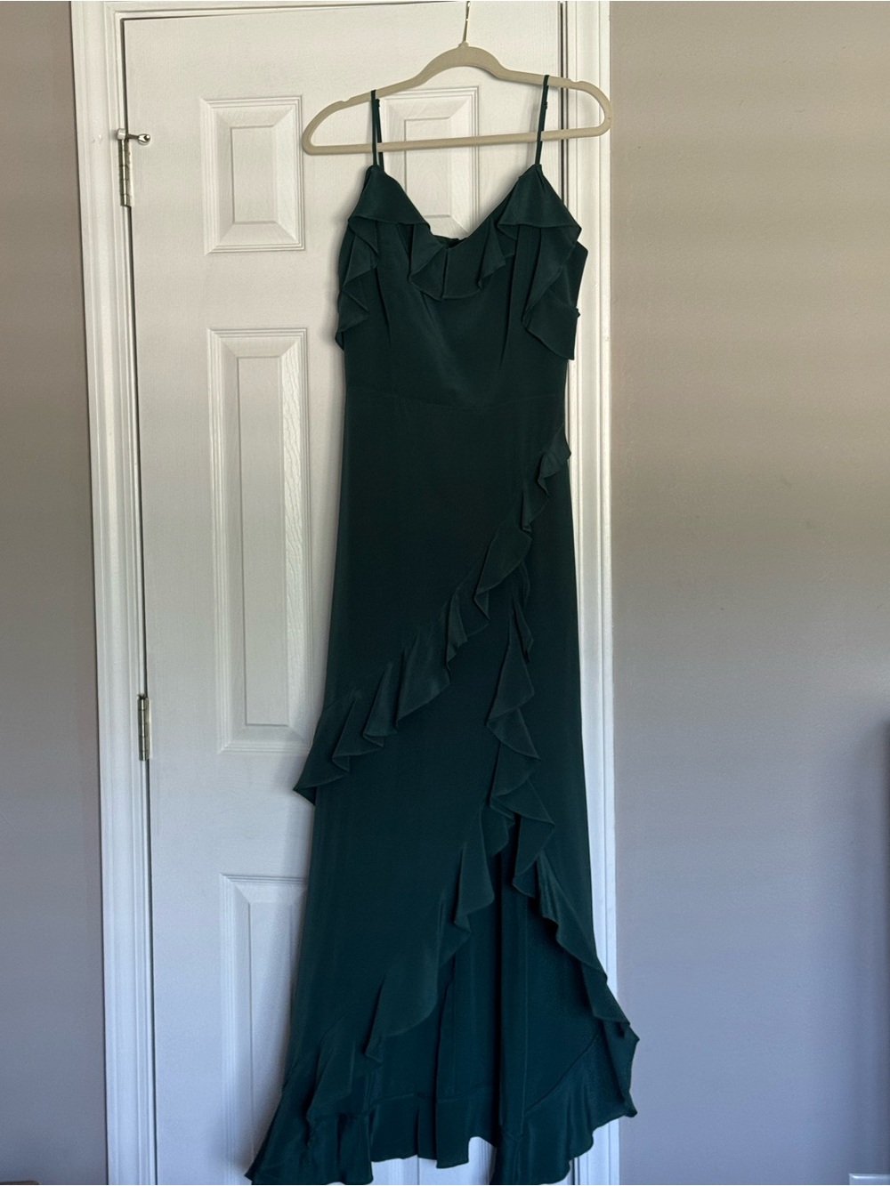 Amanda Uprichard Dark Teal Ruffle Spaghetti Strap Maxi Dress